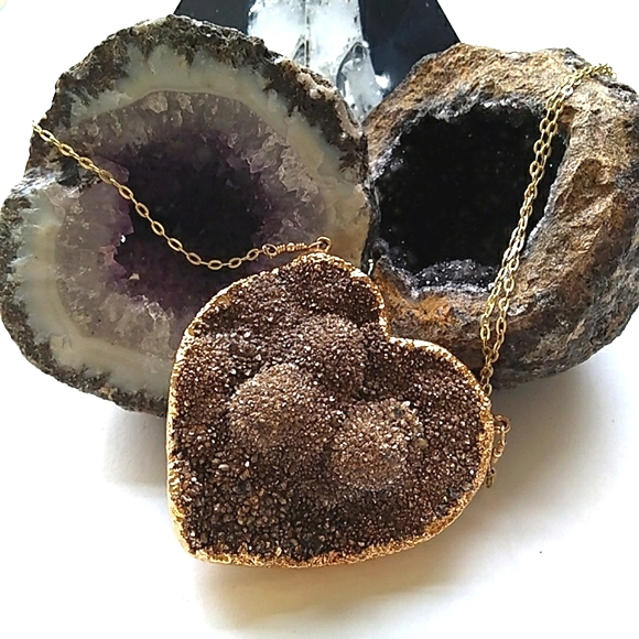 VTG EST. 18K /STERLING SILVER Vermeil NATURAL Druzy Heart Pendant Necklace 440ct - Picture 5 of 16